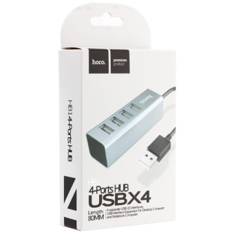 Концентратор USB-A - 4-port USB2.0, Hoco HB1, серебристый