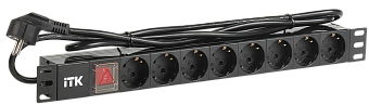 Блок розеток 8-розеток, 19" для серверной стойки, горизонтальный, 16А, Schuko , кабель 2м