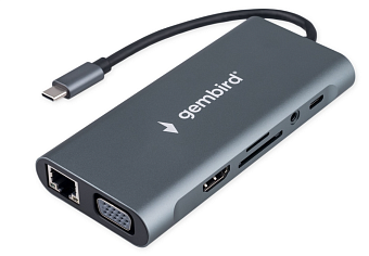 Док-станция USB-C - 10-port USB3.0, Gembird UHB-D4 15 см, алюминий