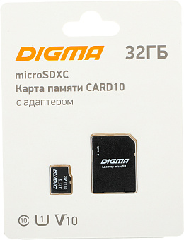 Карта памяти microSD 32Gb Digma CARD10, Class 10, UHS-I U1, 70 МБ/с + адаптер SD