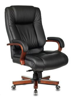 Кресло Бюрократ T-9925 WALNUT (кожа/кожзам, мех. качания, крест. металл/дерево, до 200 кг) Черный