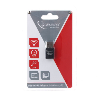 Сетевая карта USB2.0 Gembird WNP-UA-005 802.11b/g/n, 2.4Ггц, 300Мбит, 18 дБм, черный