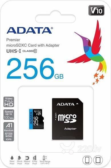 Карта памяти microSD 256Gb ADATA Premier microSDXC Class 10 UHS-I+ адаптер SD