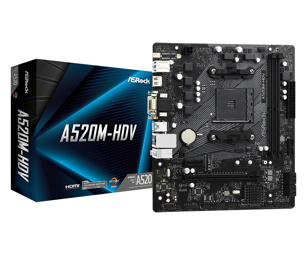 Материнская плата Socket AM4 ASRock A520M-HDV (A520) 2*DDR4 1*PCI-Ex1 1*PCI-Ex16 SATA VGA DVI HDMI m