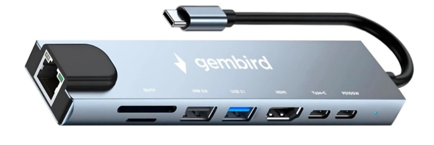 Док-станция USB-C - 8-port USB3.0, Gembird UHB-D3 20 см, алюминий