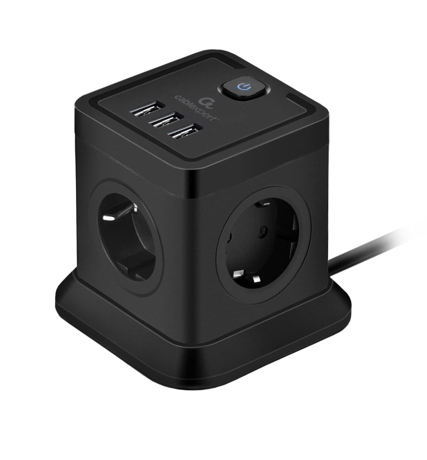 Сетевой фильтр Cablexpert Tower TWR-4-U3-B-2, 4р, 10А, 3xUSB, 3.1А, 2м, черный