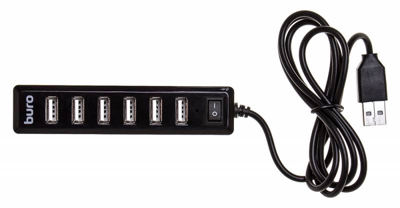 Концентратор USB-A - 7-port USB2.0, Buro BU-HUB7-1.0-U2.0, кабель 1м, черный
