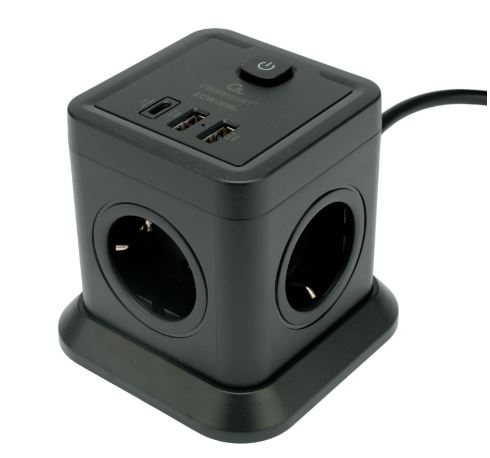 Сетевой фильтр Cablexpert Tower TWR-4-CU2-B-2, 4р, 10А, 1xType-C PD, 20Вт, 2хUSB, 2м, черный