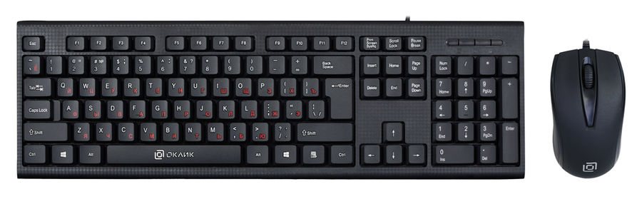Комплект проводной (клавиатура+мышь) OKLICK 630M (красные буквы кириллицы) USB черный