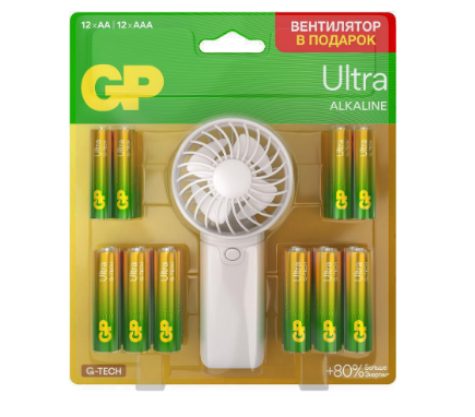 Элемент питания AA/AAA, 1.5V, 24шт, GP Ultra 15AU/24AU/FANWETA21-2CRSBC24 AA/AAA (промо:Вентилятор в подарок)