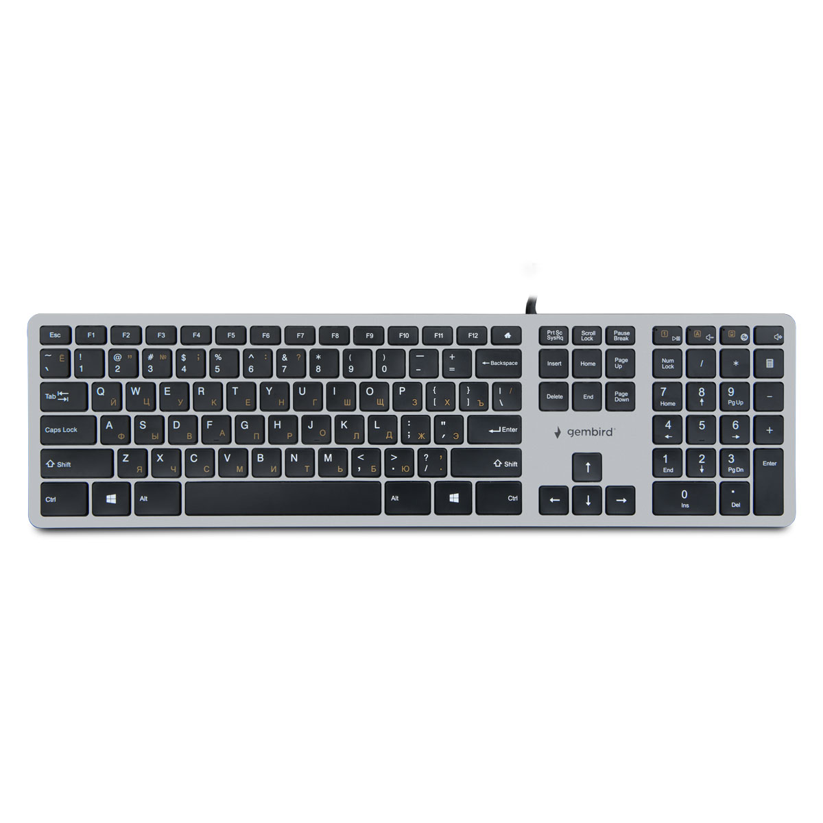 Клавиатура проводная Gembird KB-8420 (ножничный (бесшумный) механизм, оранжевая кириллица, кабель 1.5м) серый