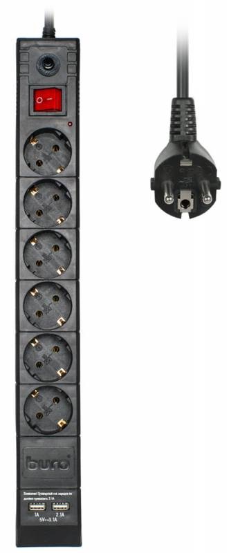 Сетевой фильтр BURO 1.8м (6 розеток)+2 USB порта (2,1А + 1А) для зарядки, черный