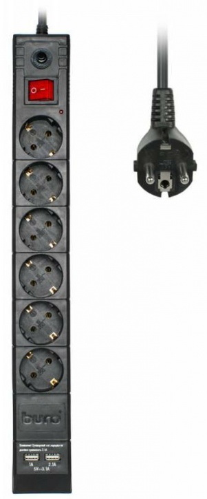 Сетевой фильтр BURO 3м (6 розеток)+2 USB порта (2,1А + 1А) для зарядки, черный
