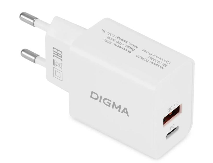 Сетевое зарядное устройство Digma DGW2D 20W USB-C USB-A White