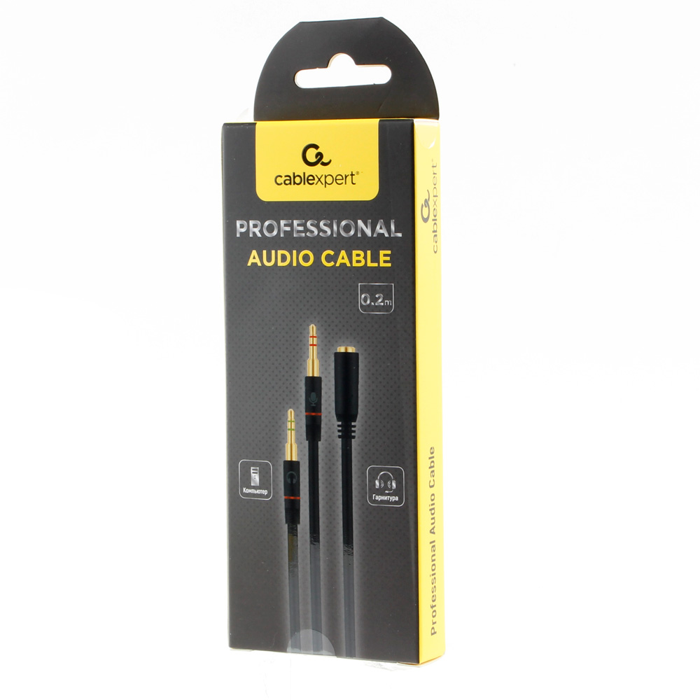 Кабель аудио-видео 3.5Jack_4pin (f) < - > 2*3.5Jack (m)  0.2м, Cablexpert, наушники и микрофон