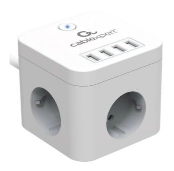 Сетевой фильтр Cablexpert Cube CUBE-3-U4-W-1.5, 3р, 10А, 4хUSB, 1.5м, белый