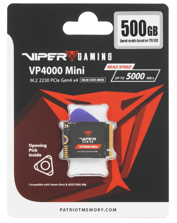 Накопитель SSD M.2 500Gb Patriot Viper VP4000 Mini (2230, PCI-E 4.0 x4, 4700/1700 Мбайт/сек)