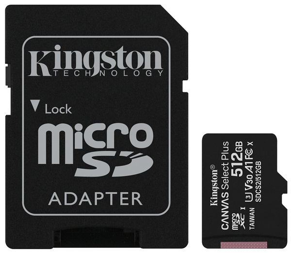 Карта памяти microSD 512Gb Kingston microSDXC Class 10 UHS-I U3 Canvas Select Plus + адаптер SD