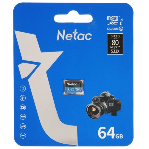 Карта памяти microSD 64Gb Netac P500 Class 10, 80MB/s, без SD адаптера