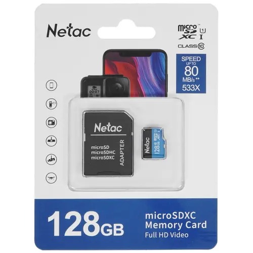 Карта памяти microSD 128Gb Netac P500 Class 10, 80MB/s, с SD адаптером