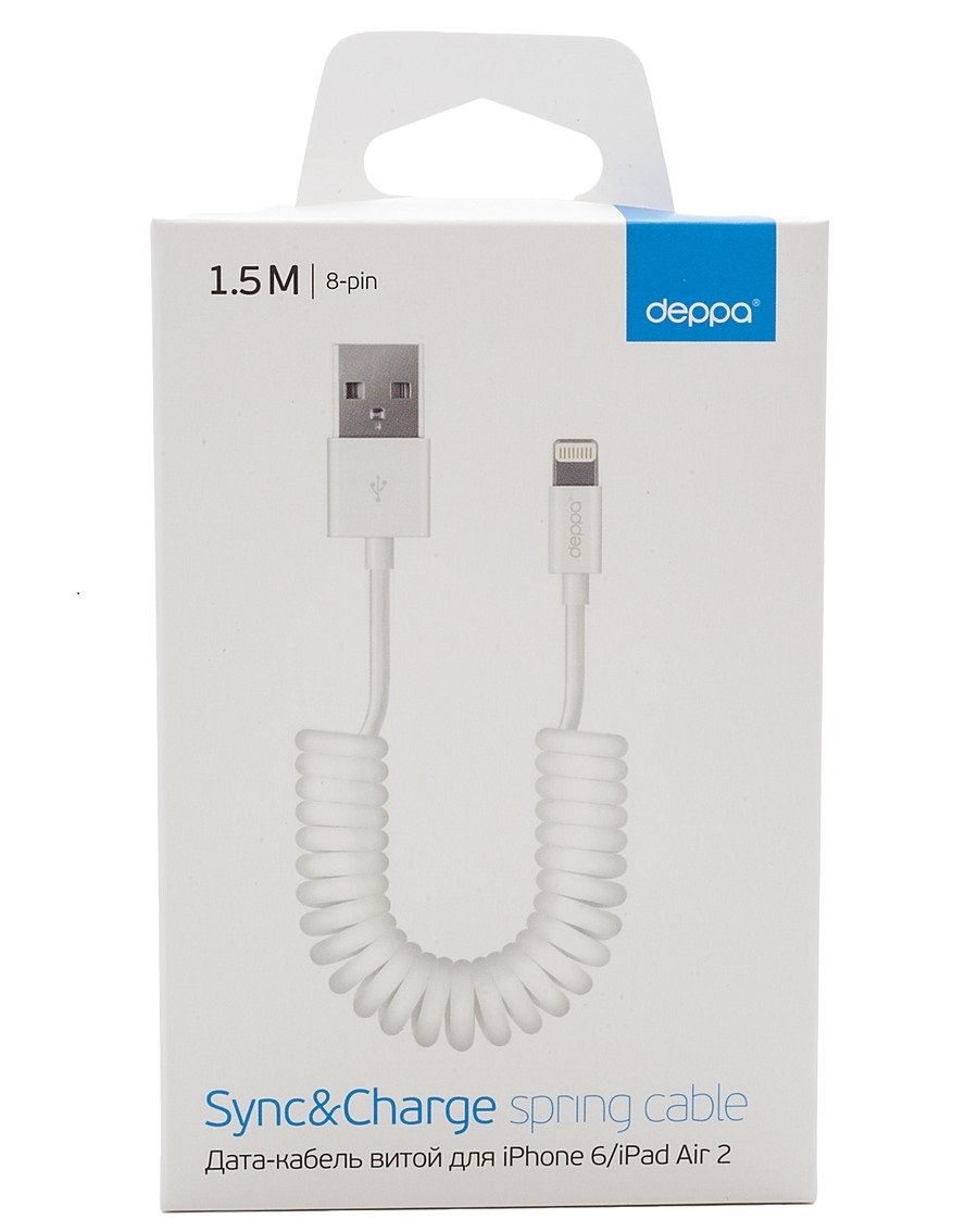 Кабель витой USB-A - Lightning, 1.5м, Deppa, витой, белый