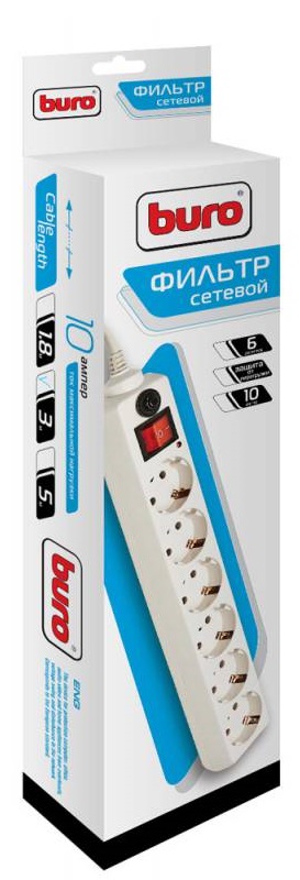 Сетевой фильтр BURO 3м (6 розеток, нагрузка 10А) white