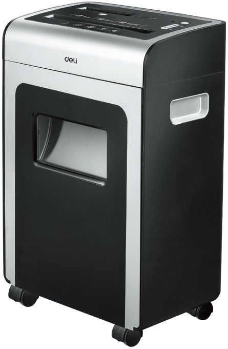 Уничтожитель бумаги Deli 9915 (секр.P-4)/ фрагменты/10лист./21лтр./скрепки/ скобы/пл.карты/CD