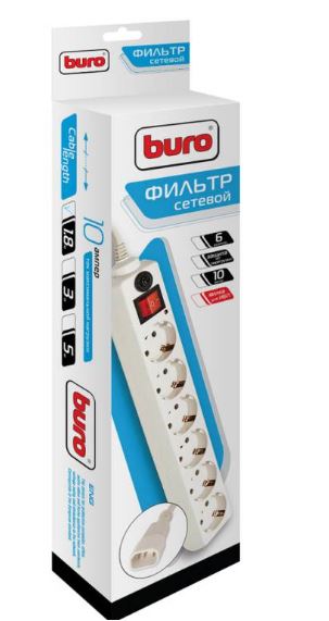 Сетевой фильтр BURO 1.8м (6 розеток) White вилка для подключения к ИБП