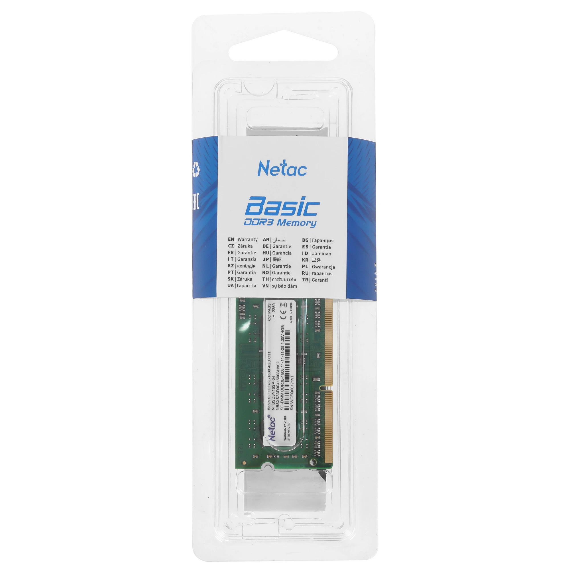 Модуль памяти SODIMM DDR3 4096Mb PC-12800 1600MHz Netac 1.35v