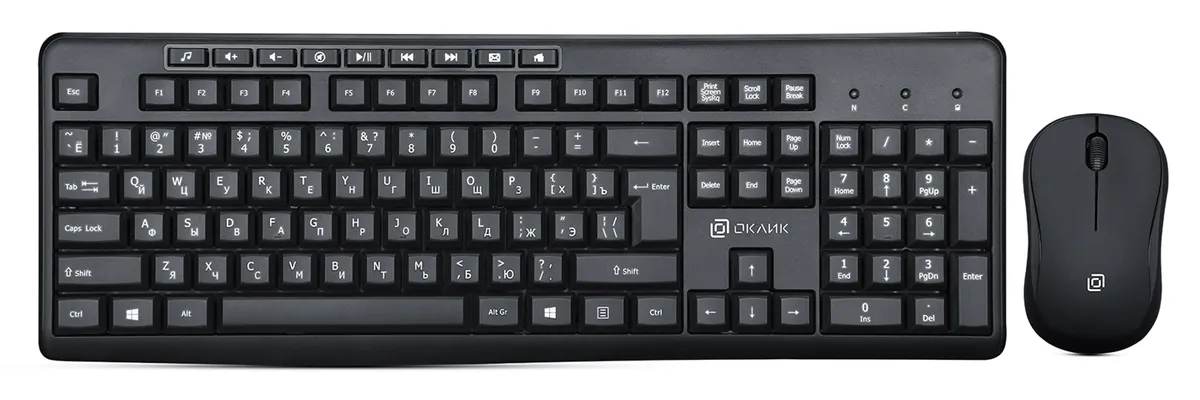 Комплект беспроводной (клавиатура+мышь) OKLICK 225M (Wireless буквы белые) USB черный