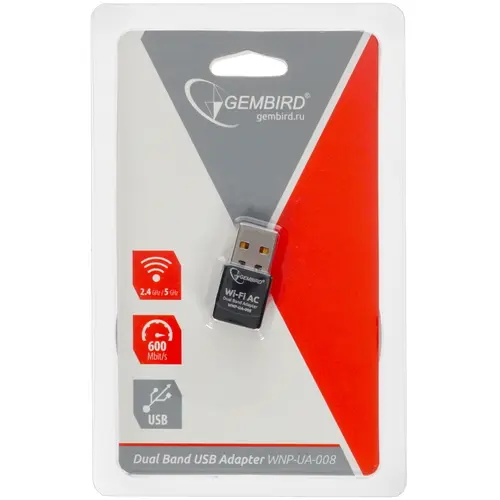 Сетевая карта USB2.0 Gembird WNP-UA-018 WiFi+Bluetooth 5 ГГц до 433 Мбит/с черный