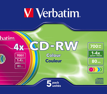 Диск CD-RW 700 Mb Verbatim 8-12x Slim Color Case  (5 шт)