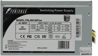 Блок питания 400W Powerman PM-400 80 Plus (120mm, 24+8рin, 1*6pPCI-E, 4*Sata, 2*IDE, 1*Fdd)