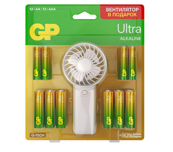 Элемент питания AA/AAA, 1.5V, 24шт, GP Ultra 15AU/24AU/FANWETA21-2CRSBC24 AA/AAA (промо:Вентилятор в