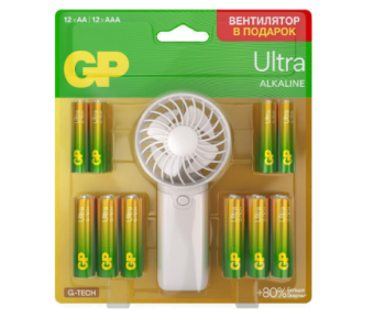 Элемент питания AA/AAA, 1.5V, 24шт, GP Ultra 15AU/24AU/FANWETA21-2CRSBC24 AA/AAA (промо:Вентилятор в