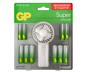 Элемент питания AA/AAA, 1.5V, 24шт, GP Super 15A/24A/FANWETA21-2CRSBC24 AA/AAA (промо:Вентилятор в подарок)