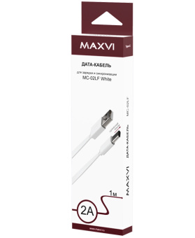 Кабель USB-A < - > USB-C, 1.0м, Maxvi MC-02LF плоский, удлиненный разъем, белый