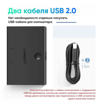 Переключатель USB 2.0 UGREEN (30345) 2 в 1, черный