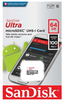 Карта памяти microSD 64Gb Sandisk Ultra microSDXC CLASS 10 UHS-I 100MB/s