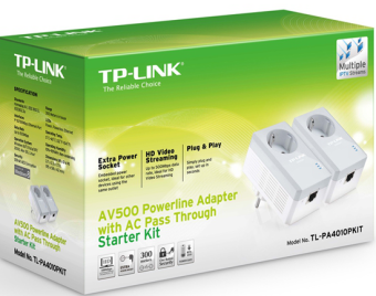 Адаптер Powerline TP-Link TL-PA4010P KIT AV600, 100 Мбит/с, с розеткой, белый