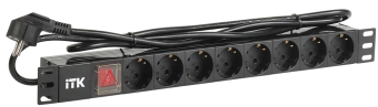 Блок розеток 8-розеток, 19" для серверной стойки, горизонтальный, 16А, Schuko , кабель 2м