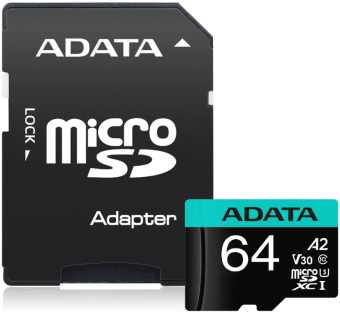 Карта памяти microSD 64Gb ADATA microSDXC Class 10 UHS-I U3 V30S A2 (SD адаптер)