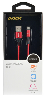 Кабель USB-A < - > microUSB, 1.2м, Digma, тканевая оплетка, 2А, красный