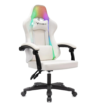 Кресло Knight Wolf RGB белый экокожа/сетка с подголов. крестов. пластик