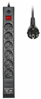 Сетевой фильтр BURO 1.8м (6 розеток)+2 USB порта (2,1А + 1А) для зарядки, черный