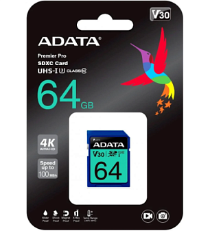 Карта памяти SD 64Gb ADATA SDXC Class 10 UHS-I U3 V30S 100/80 MB/s
