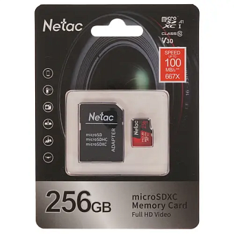 Карта памяти microSD 256Gb Netac P500 Extreme Pro Class 10, 100MB/s, с SD адаптером