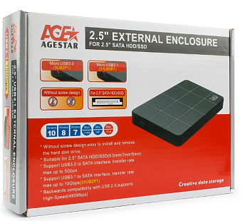 Внешний контейнер USB3.0 -> SATA 2.5", AgeStar 3UB2P1C, type-c, пластик, чёрный