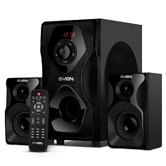Акустическая система SVEN MS-2055 (2x12.5W+30W, SD/USB, FM, ПДУ) дерево, black