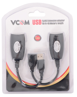 Удлинитель USB-A (m) + USB-A (f) < - > RJ45, Vcom CU824 (удлинитель USB по витой паре до 45м)